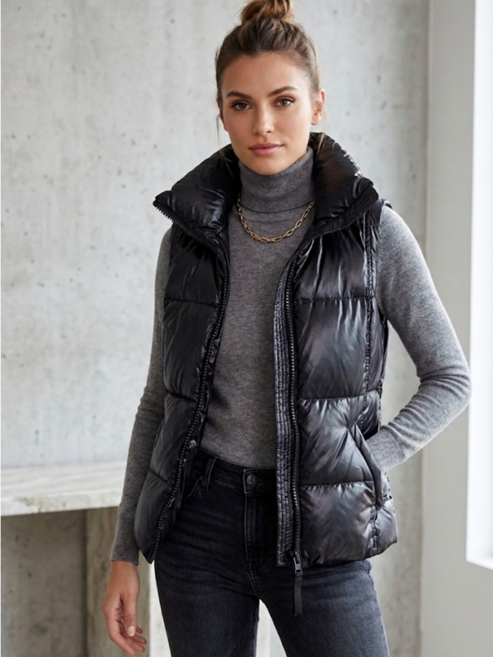 S13 New York Kylie Puffer Vest Black Glossy Down Fill High Neck Small - Picture 9 of 9